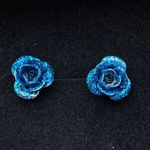 Carved Blue Rose Glitter Stud Earrings